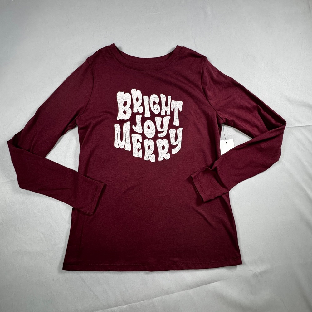 Sonoma Bright Joy Merry Graphic Tee Burgundy Long Sleeve Petite XS Holiday Shirt